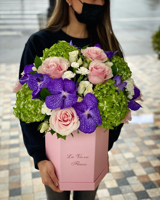 Pink Roses & Vanda Orchid Box Arrangement